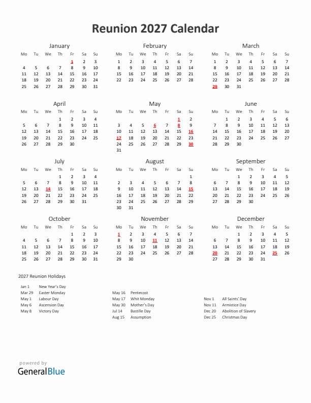 2027 Yearly Calendar Printable With Reunion Holidays