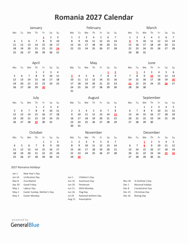 2027 Yearly Calendar Printable With Romania Holidays