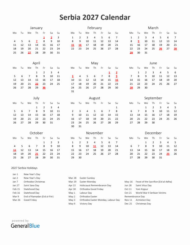 2027 Yearly Calendar Printable With Serbia Holidays