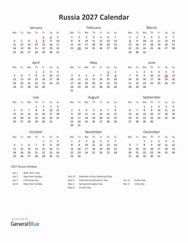 2027 Yearly Calendar Printable With Russia Holidays