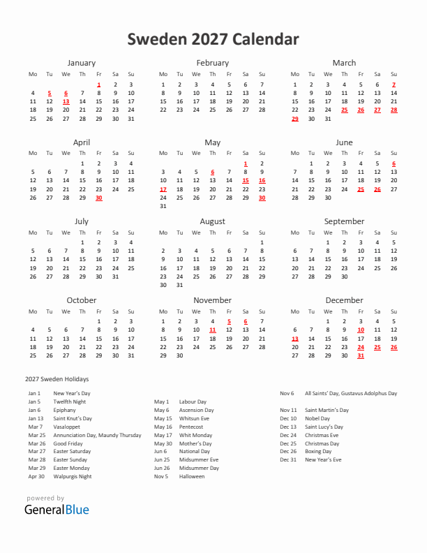 2027 Yearly Calendar Printable With Sweden Holidays