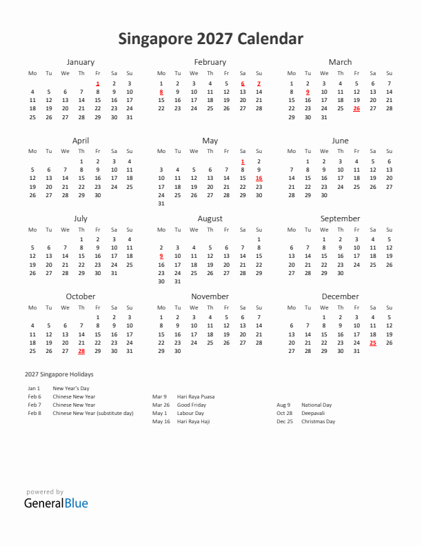 2027 Yearly Calendar Printable With Singapore Holidays