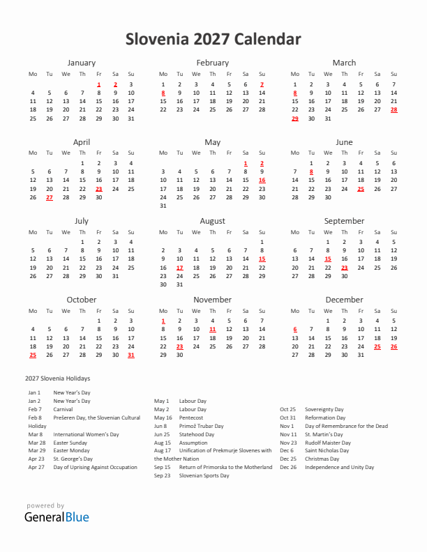 2027 Yearly Calendar Printable With Slovenia Holidays