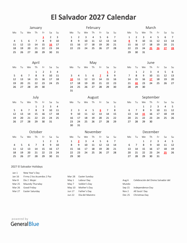 2027 Yearly Calendar Printable With El Salvador Holidays