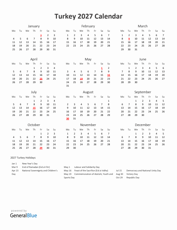 2027 Yearly Calendar Printable With Turkey Holidays