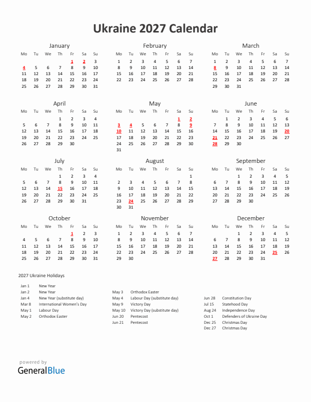 2027 Yearly Calendar Printable With Ukraine Holidays