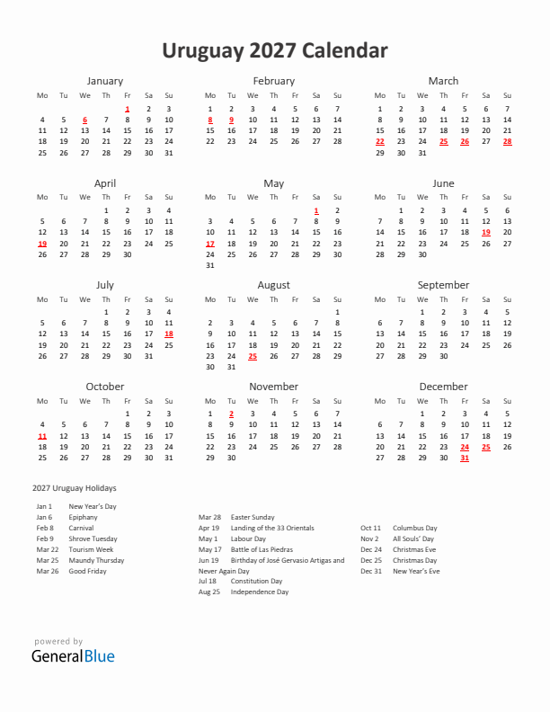 2027 Yearly Calendar Printable With Uruguay Holidays