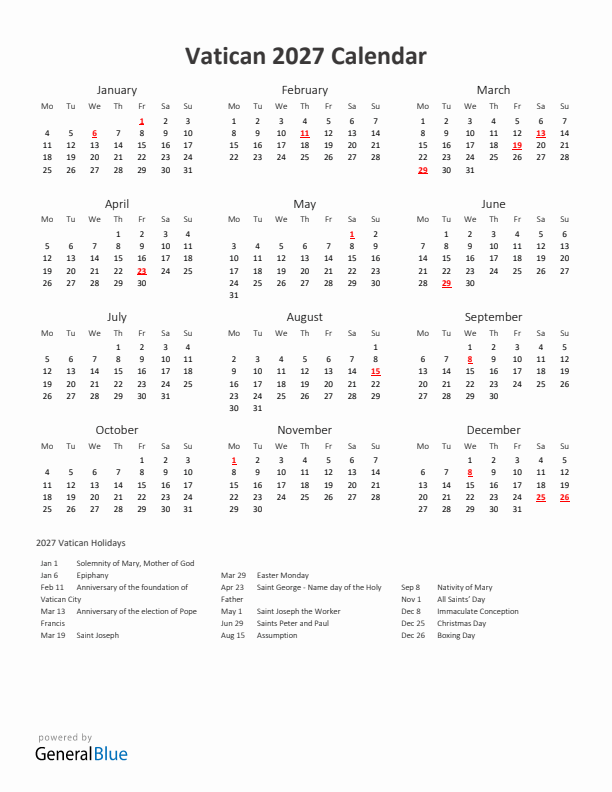 2027 Yearly Calendar Printable With Vatican Holidays