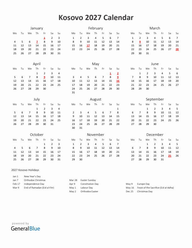 2027 Yearly Calendar Printable With Kosovo Holidays