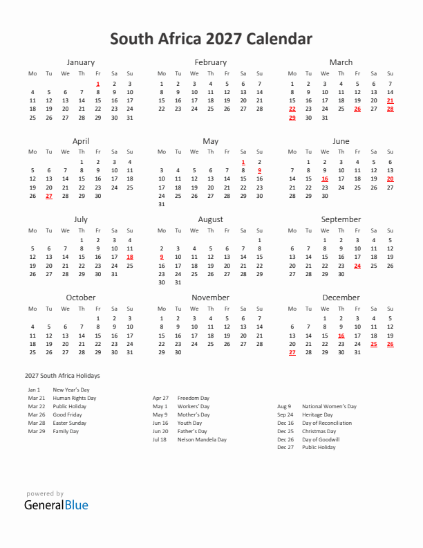 2027 Yearly Calendar Printable With South Africa Holidays