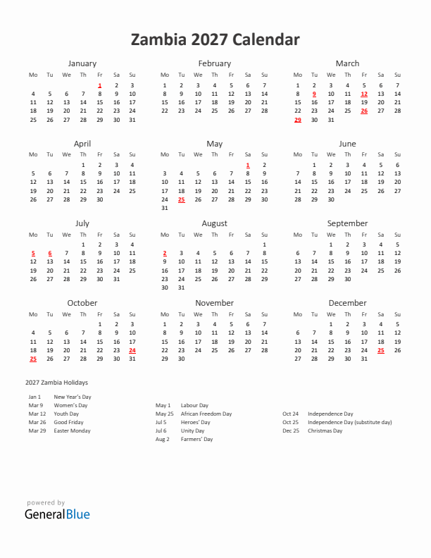 2027 Yearly Calendar Printable With Zambia Holidays