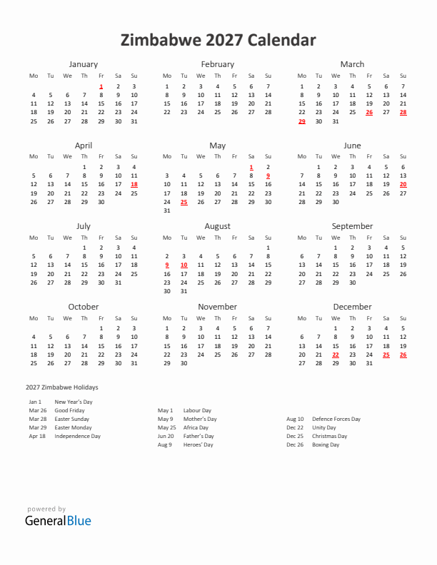 2027 Yearly Calendar Printable With Zimbabwe Holidays