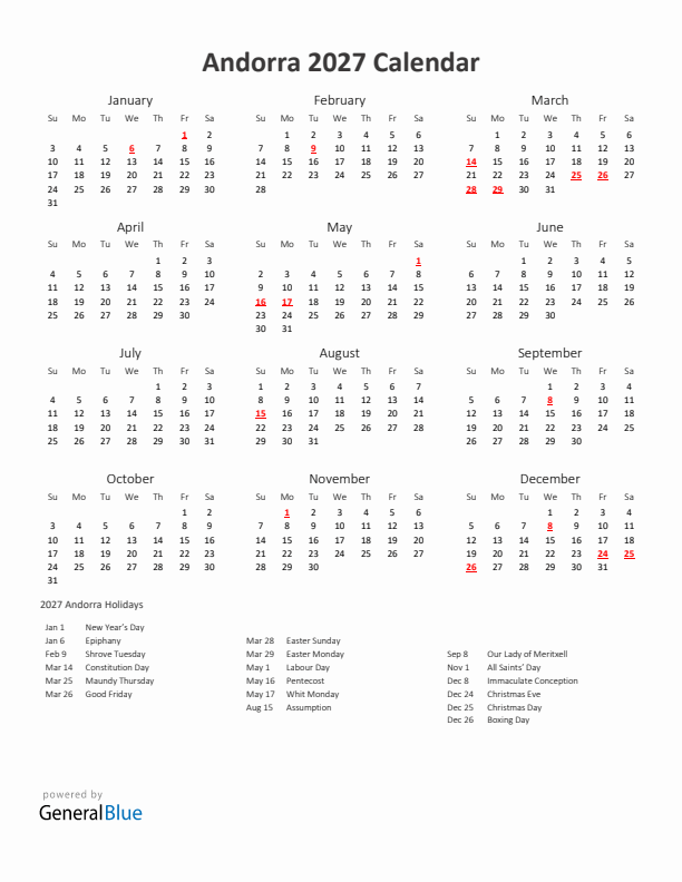 2027 Yearly Calendar Printable With Andorra Holidays