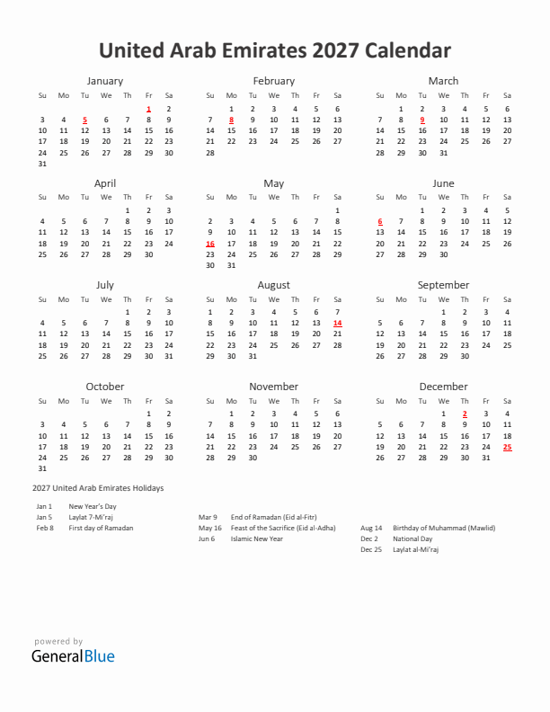 2027 Yearly Calendar Printable With United Arab Emirates Holidays