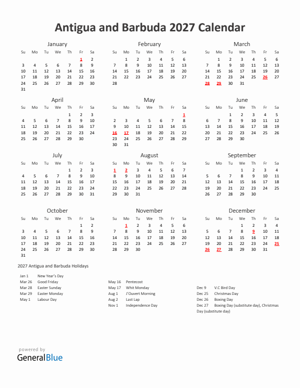 2027 Yearly Calendar Printable With Antigua and Barbuda Holidays