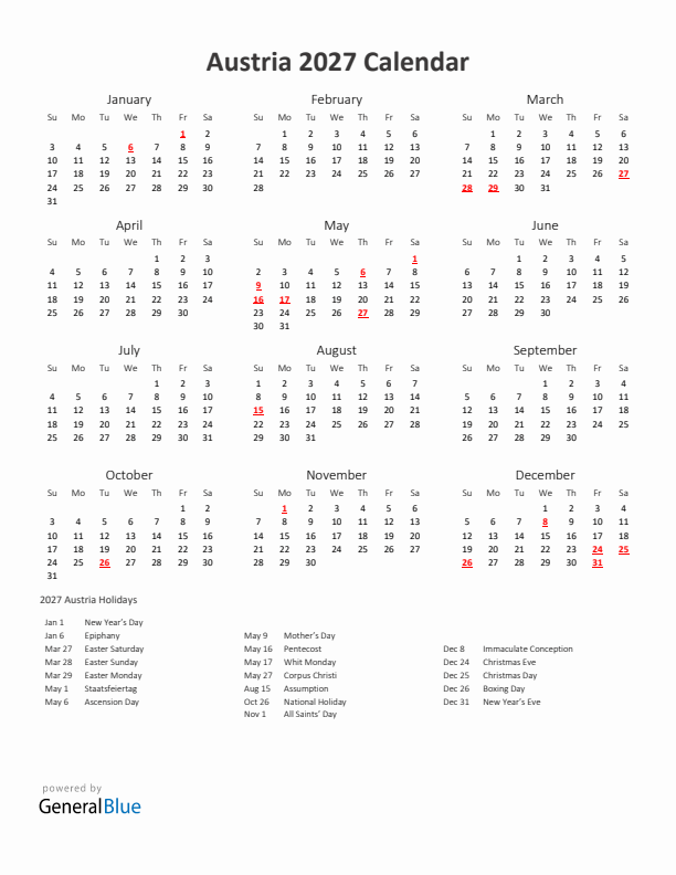 2027 Yearly Calendar Printable With Austria Holidays