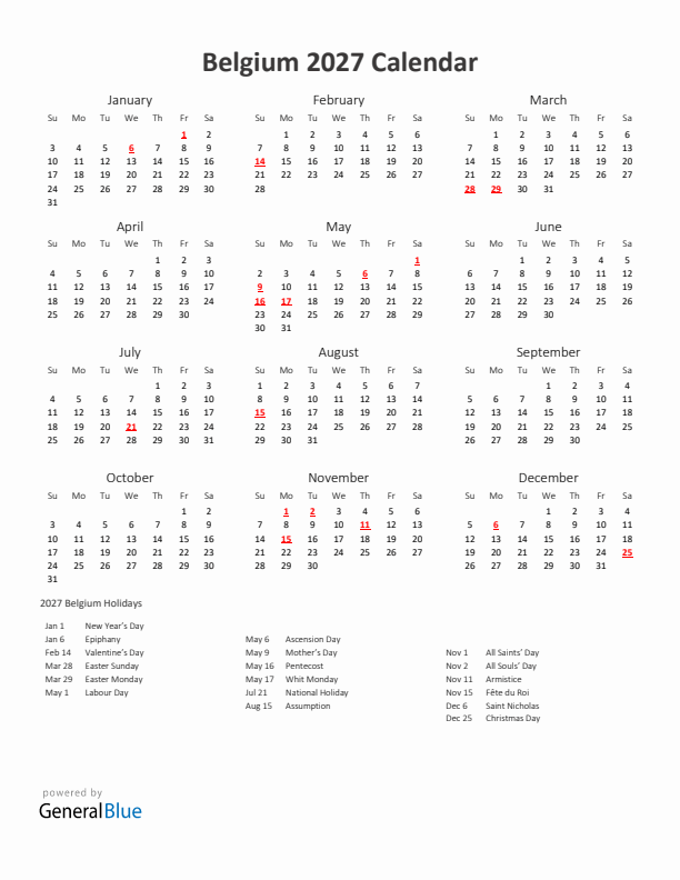 2027 Yearly Calendar Printable With Belgium Holidays