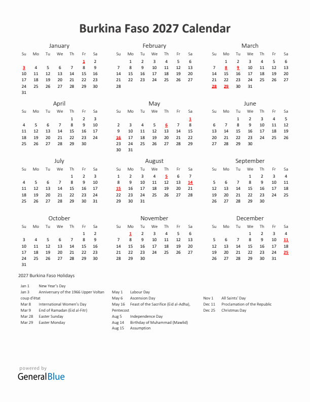 2027 Yearly Calendar Printable With Burkina Faso Holidays