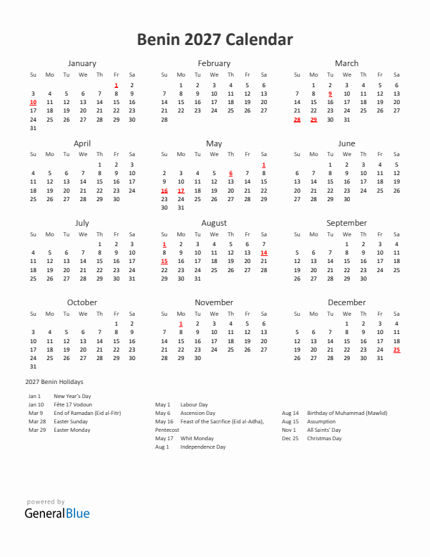 2027 Yearly Calendar Printable With Benin Holidays