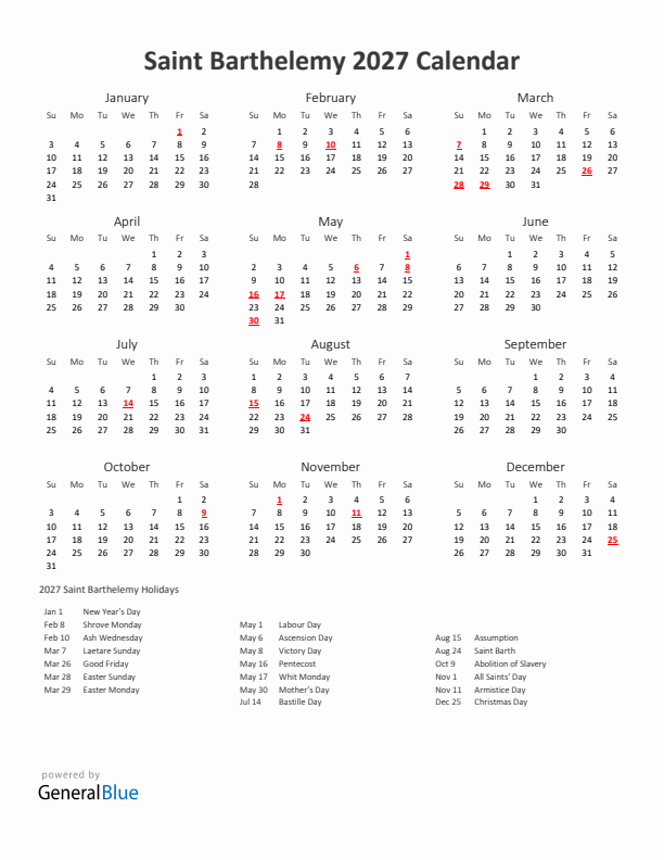 2027 Yearly Calendar Printable With Saint Barthelemy Holidays