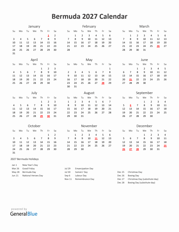 2027 Yearly Calendar Printable With Bermuda Holidays