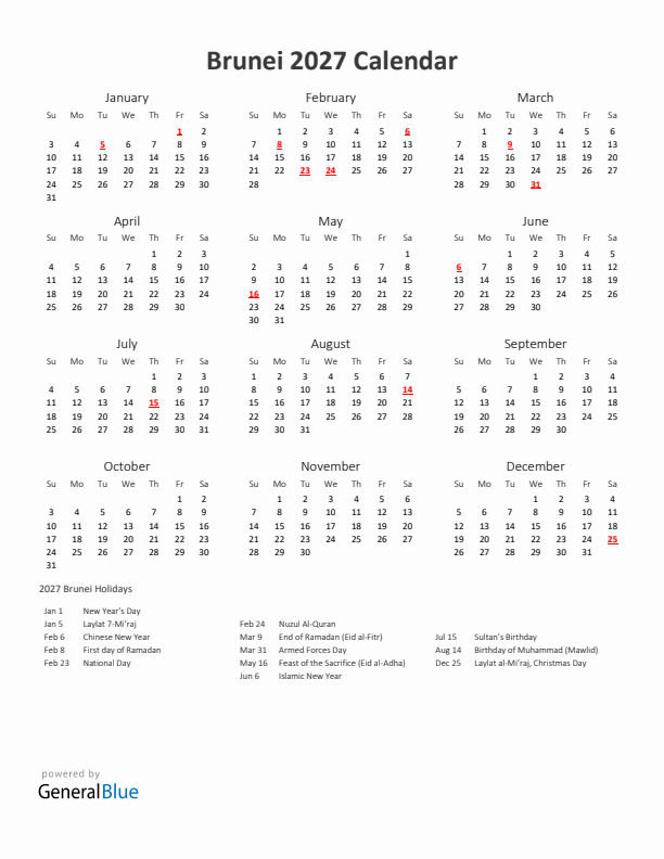 2027 Yearly Calendar Printable With Brunei Holidays