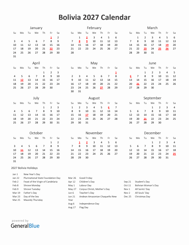 2027 Yearly Calendar Printable With Bolivia Holidays