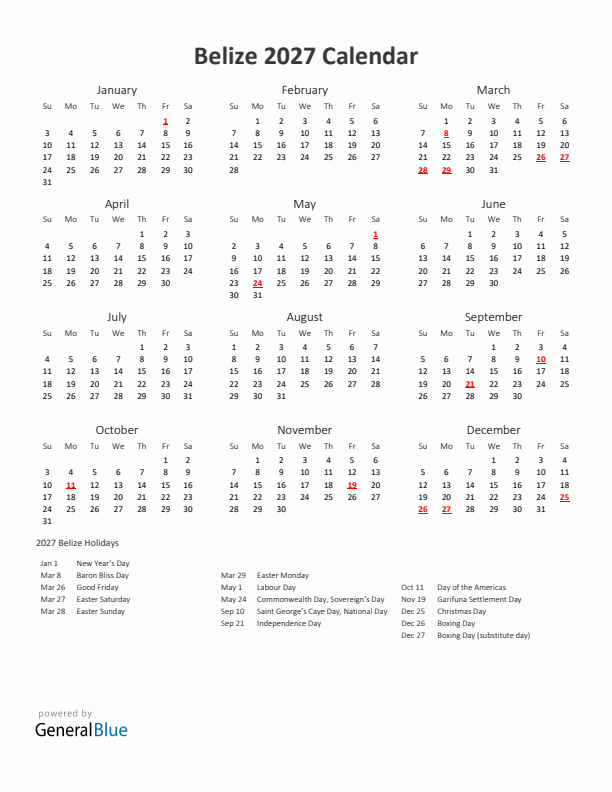 2027 Yearly Calendar Printable With Belize Holidays