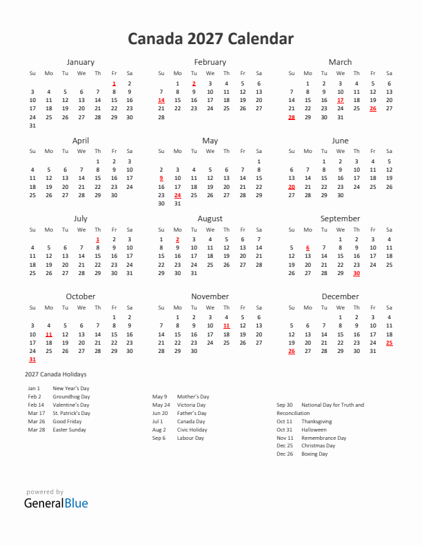 2027 Yearly Calendar Printable With Canada Holidays