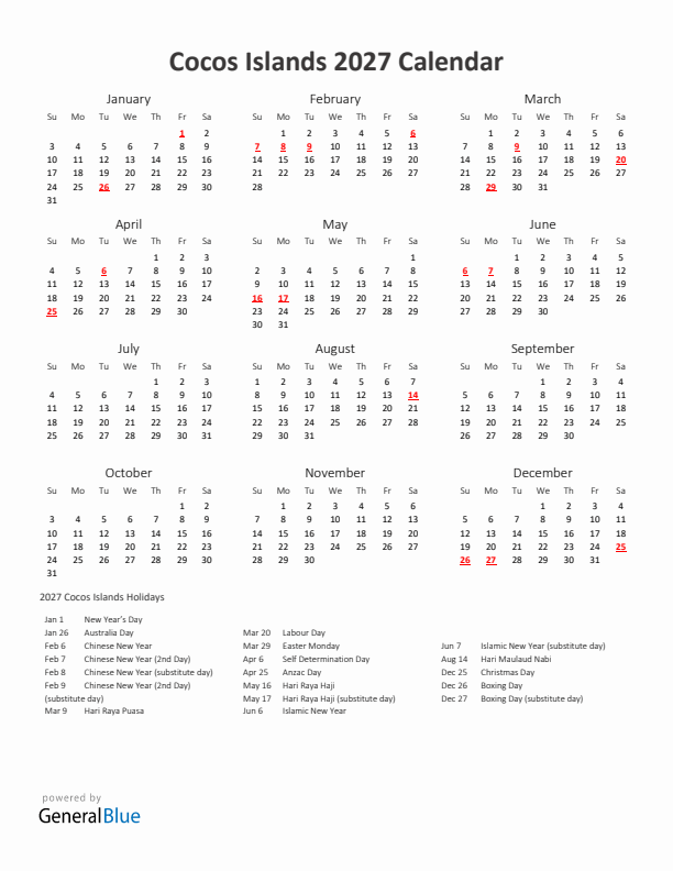 2027 Yearly Calendar Printable With Cocos Islands Holidays