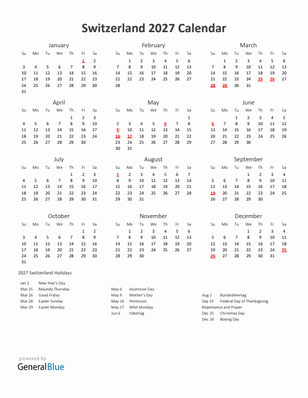 2027 Yearly Calendar Printable With Switzerland Holidays