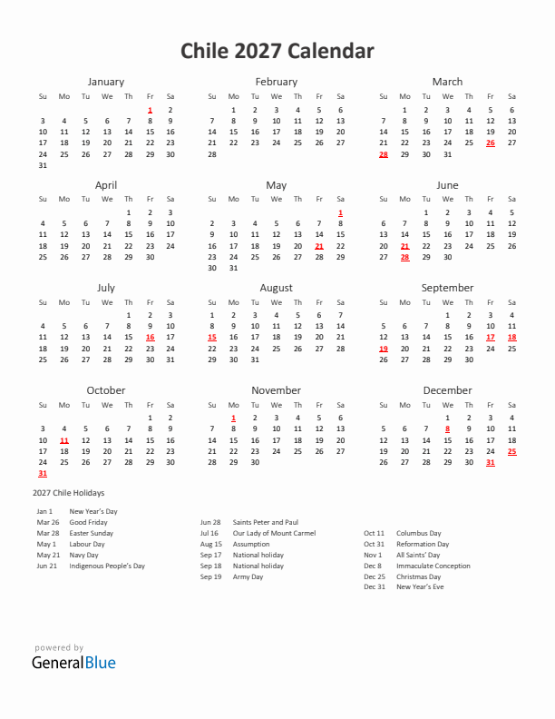 2027 Yearly Calendar Printable With Chile Holidays