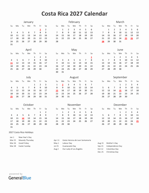 2027 Yearly Calendar Printable With Costa Rica Holidays