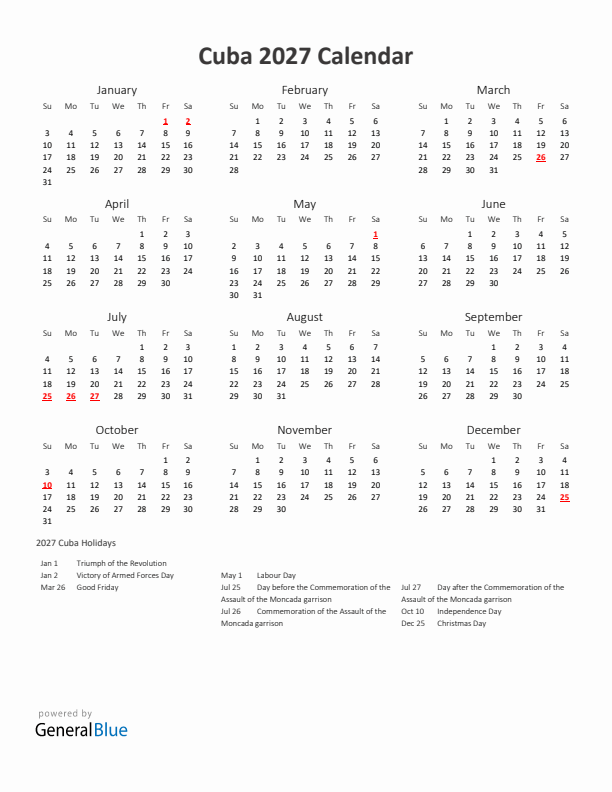 2027 Yearly Calendar Printable With Cuba Holidays