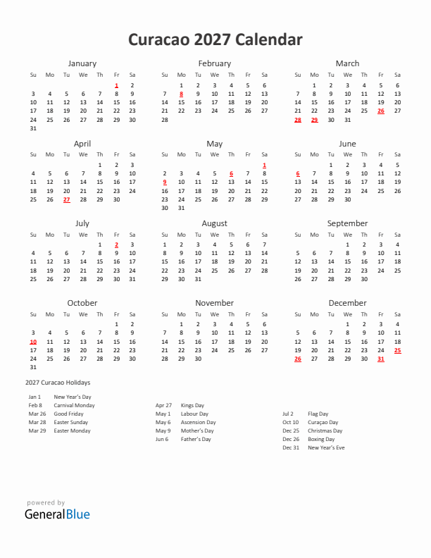 2027 Yearly Calendar Printable With Curacao Holidays