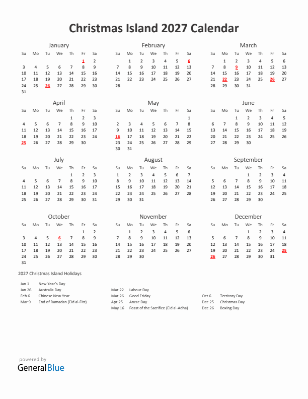 2027 Yearly Calendar Printable With Christmas Island Holidays