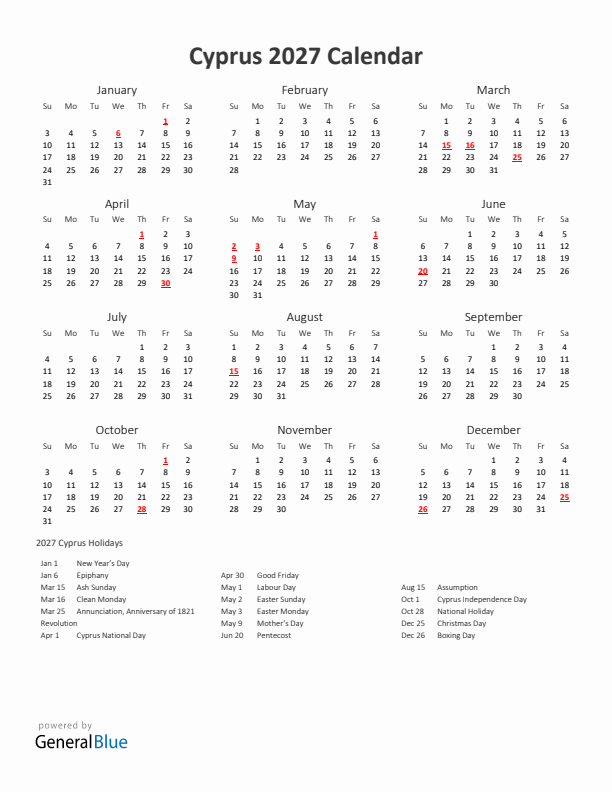 2027 Yearly Calendar Printable With Cyprus Holidays