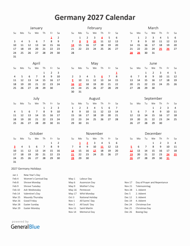 2027 Yearly Calendar Printable With Germany Holidays