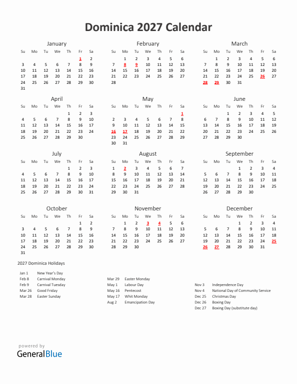 2027 Yearly Calendar Printable With Dominica Holidays