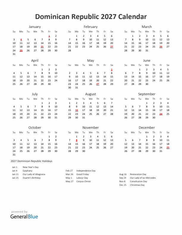 2027 Yearly Calendar Printable With Dominican Republic Holidays