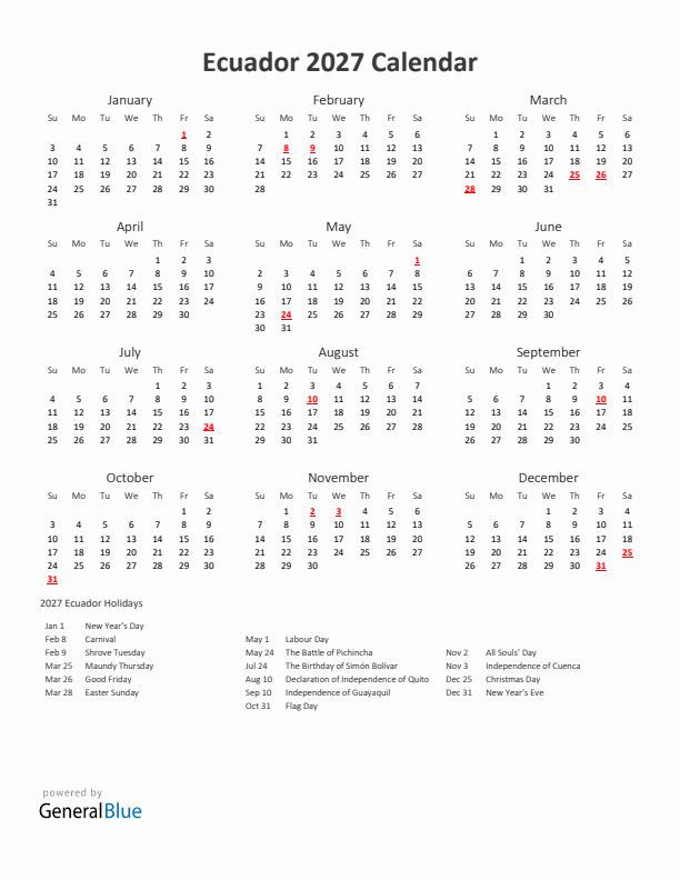 2027 Yearly Calendar Printable With Ecuador Holidays