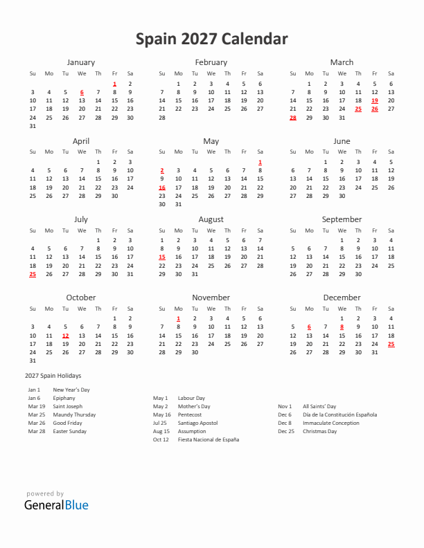 2027 Yearly Calendar Printable With Spain Holidays