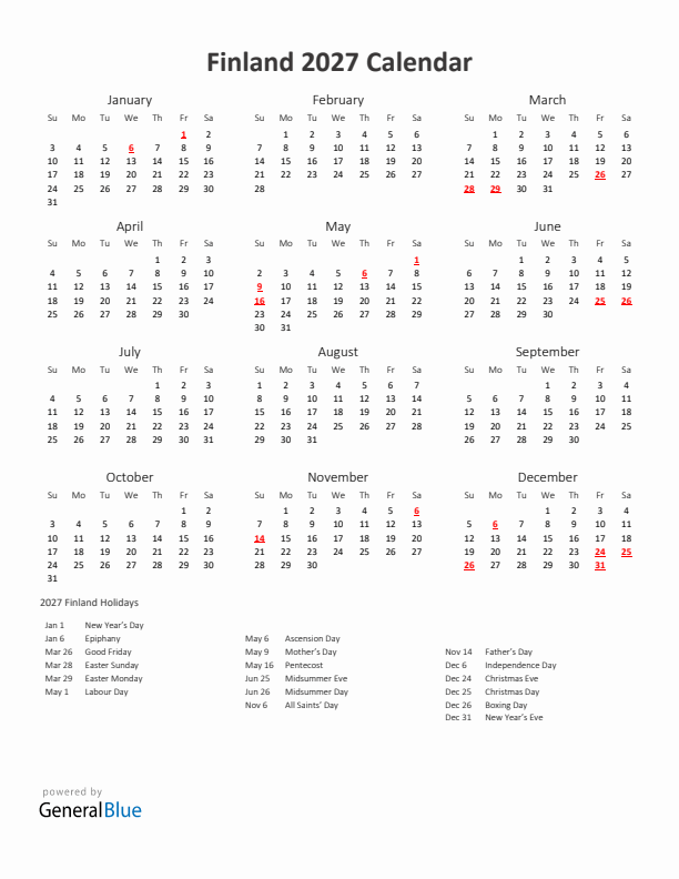 2027 Yearly Calendar Printable With Finland Holidays