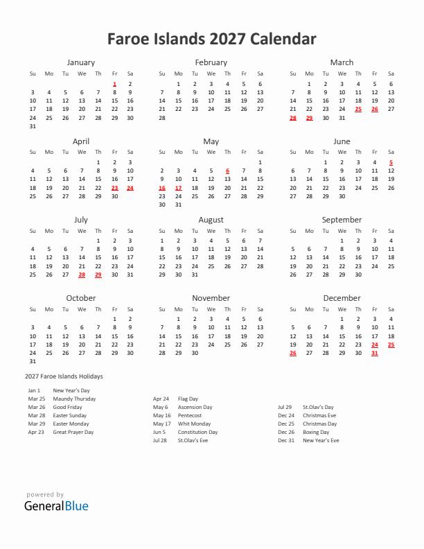 2027 Yearly Calendar Printable With Faroe Islands Holidays