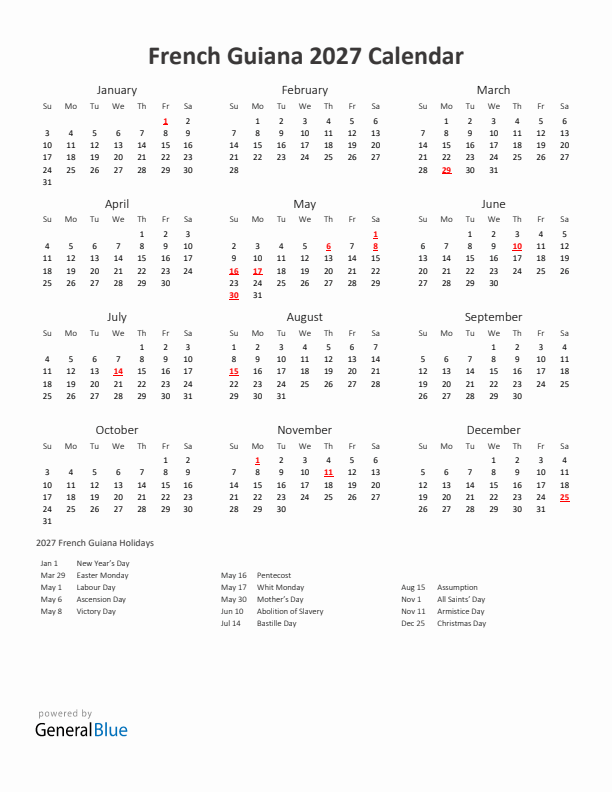 2027 Yearly Calendar Printable With French Guiana Holidays