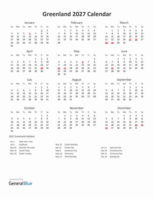 2027 Yearly Calendar Printable With Greenland Holidays