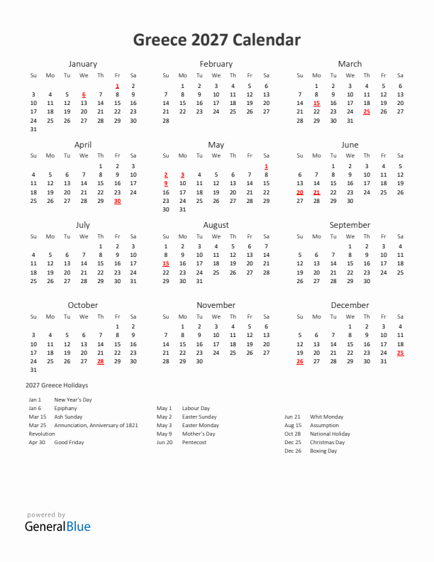 2027 Yearly Calendar Printable With Greece Holidays