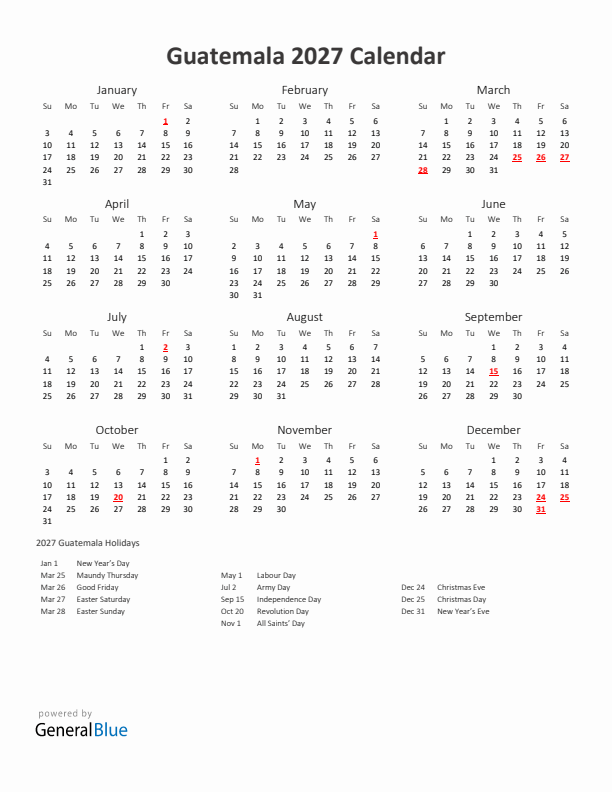 2027 Yearly Calendar Printable With Guatemala Holidays