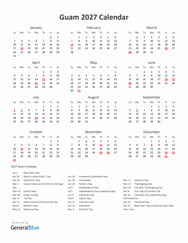 2027 Yearly Calendar Printable With Guam Holidays