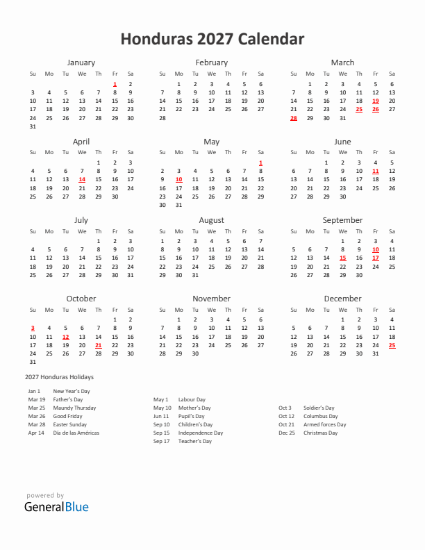 2027 Yearly Calendar Printable With Honduras Holidays